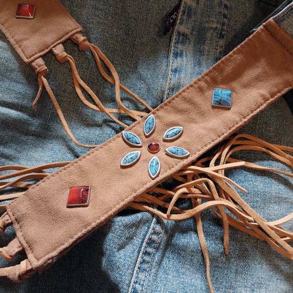 VTG Y2K Revolt Jeans Size 18 Boho Blue Jeans Skirt Beaded Attached Belt Western - Picture 7 of 12